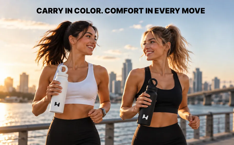 Two runners on a waterfront, each carrying a bottle