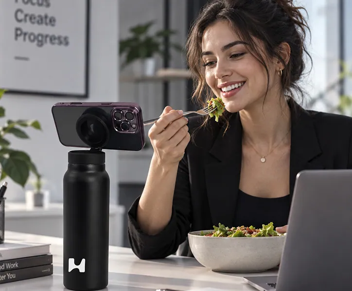 Black bottle holding a phone on a desk beside a laptop while someone eats lunch