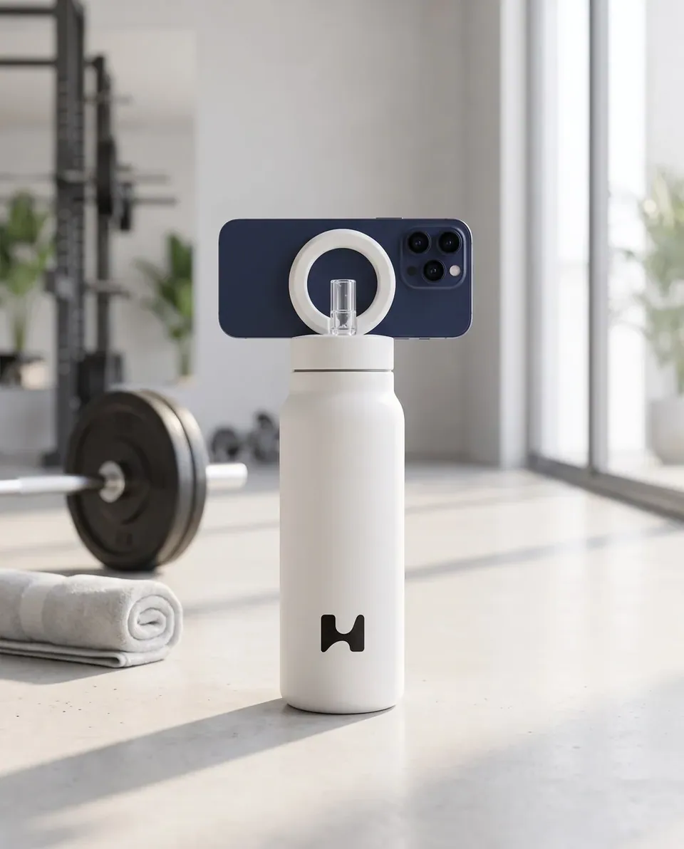 White bottle holding a phone on a gym floor beside a barbell