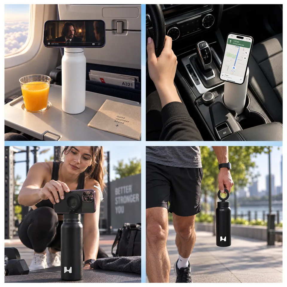 Four scenes: a tray table, a car console, a gym floor and a walk along the water