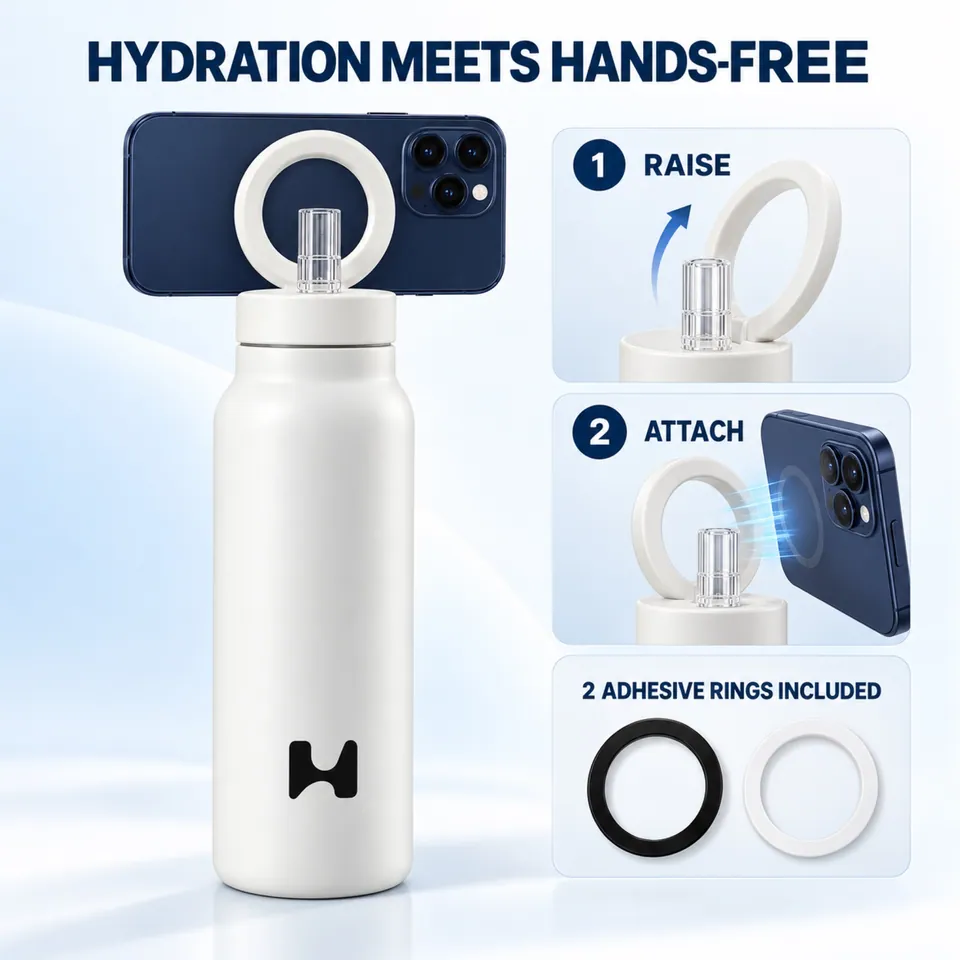 White bottle holding a phone, with the raise and attach steps and the two adapter rings